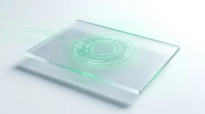 Single frosted-glass panel with a glowing emerald dial and faint node graph, evoking one clean agency dashboard view.