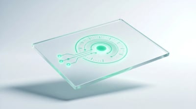 Translucent frosted-glass panels with emerald light-streams converging into a single bright node, evoking many marketing channels reconciled into one view.