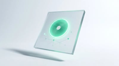 Frosted glass slab with one glowing emerald dial and faint node graph, evoking one reconciled set of ecommerce numbers.