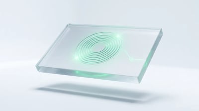 A single frosted glass slab with a glowing emerald measurement dial, evoking honest cohort LTV instrumentation for DTC.