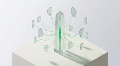 Twelve scattered frosted glass panes feeding emerald light-threads into one central glass monolith, evoking many tool opinions reconciled into one source of truth.