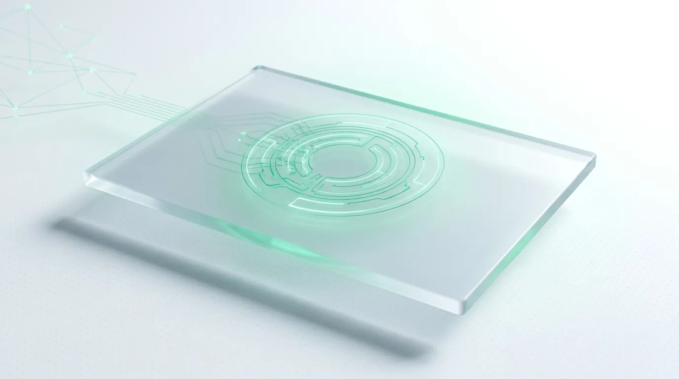 Single frosted-glass panel with a glowing emerald dial and faint node graph, evoking one clean agency dashboard view.
