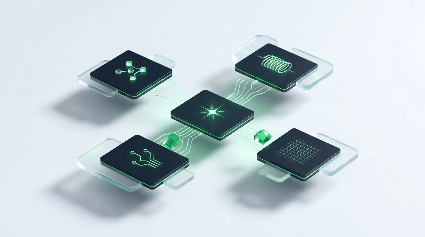 Five emerald-edged dark glass tiles linked by light-lines converging on one, evoking dashboard tools compared side by side.