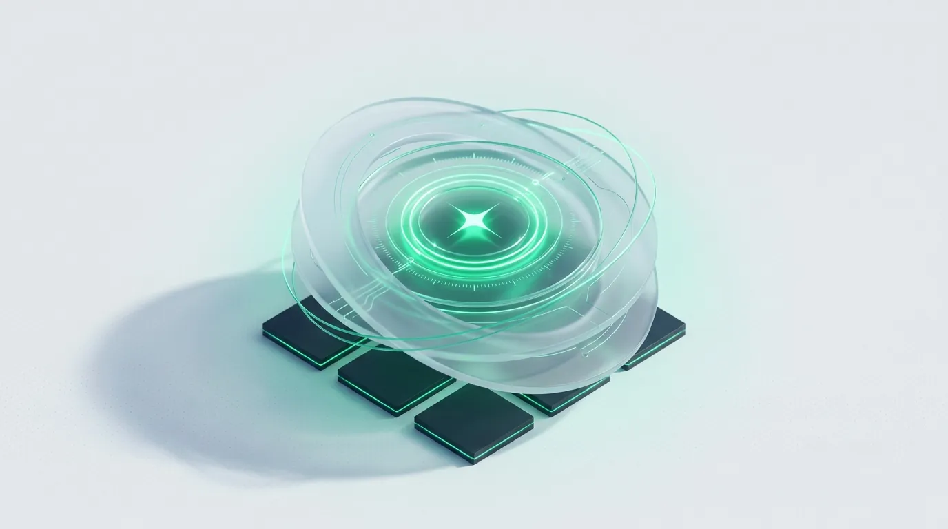 Glowing emerald concentric coil refracting through a frosted glass lens, evoking a steadily syncing reporting engine.