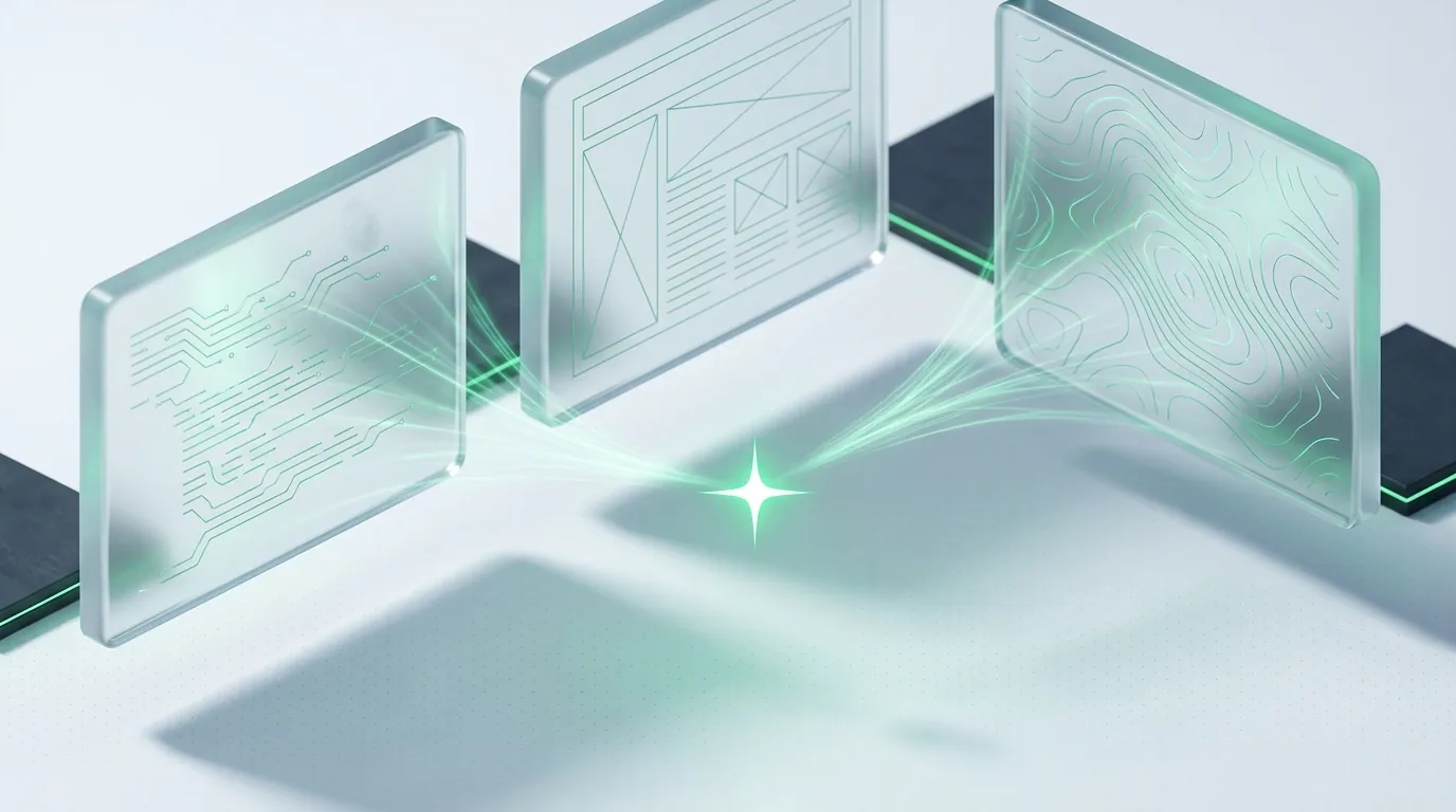 Three etched frosted-glass panels with emerald light-streams converging to one bright spark, evoking decision criteria resolving to a clear pick.