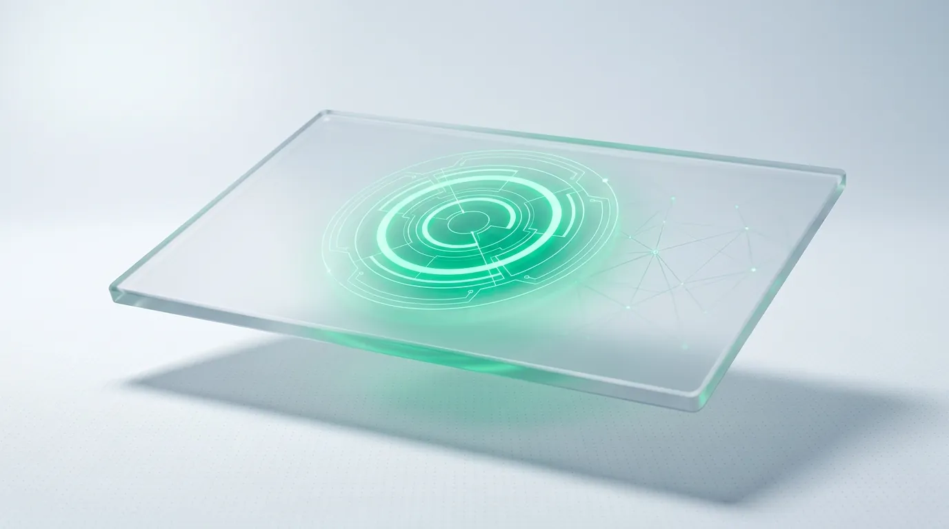 A single frosted-glass report panel assembled from six smaller emerald-lit tiles, evoking a clean monthly client report built from required components.