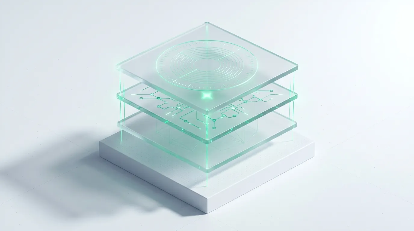 Six emerald-lit frosted-glass tiles arranged in a grid, two dimmed and set apart, evoking six required report panels plus conditional diagnostics.