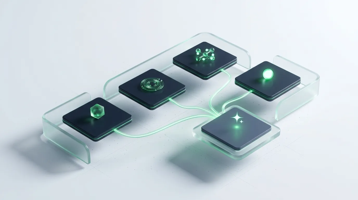 Frosted-glass tray tipping eight dim clutter-shards off its edge while six emerald tiles stay locked in place, evoking vanity metrics being cut from the report.