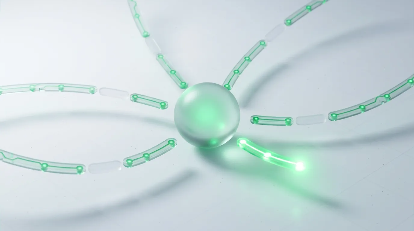 Frosted glass sphere with incomplete emerald light-paths converging on it, the shortest final path glowing brightest — attribution credit versus the real journey.
