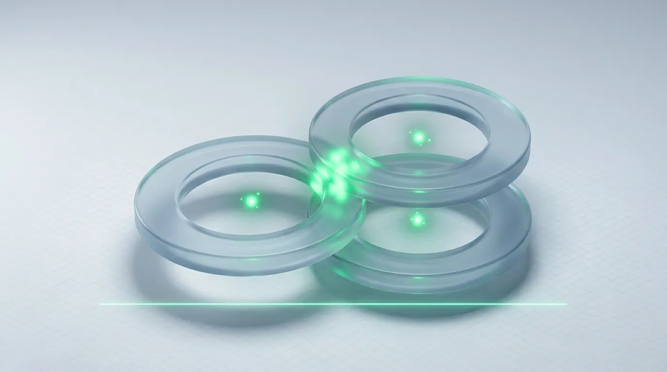 Three overlapping frosted glass rings with emerald sparks doubling in the overlap, above a shorter emerald baseline — platform windows double-counting one conversion.