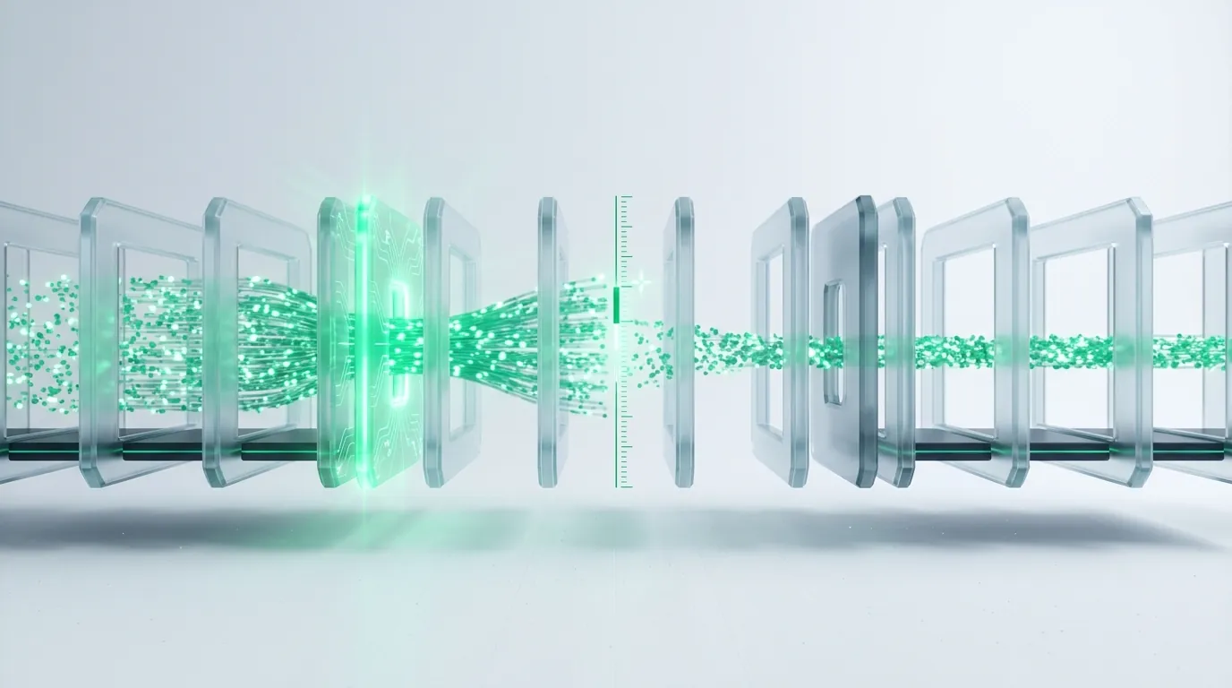 Two frosted glass corridors, one with a lit gate and one without, both passing emerald flows with a small measured gap — incrementality versus attributed credit.