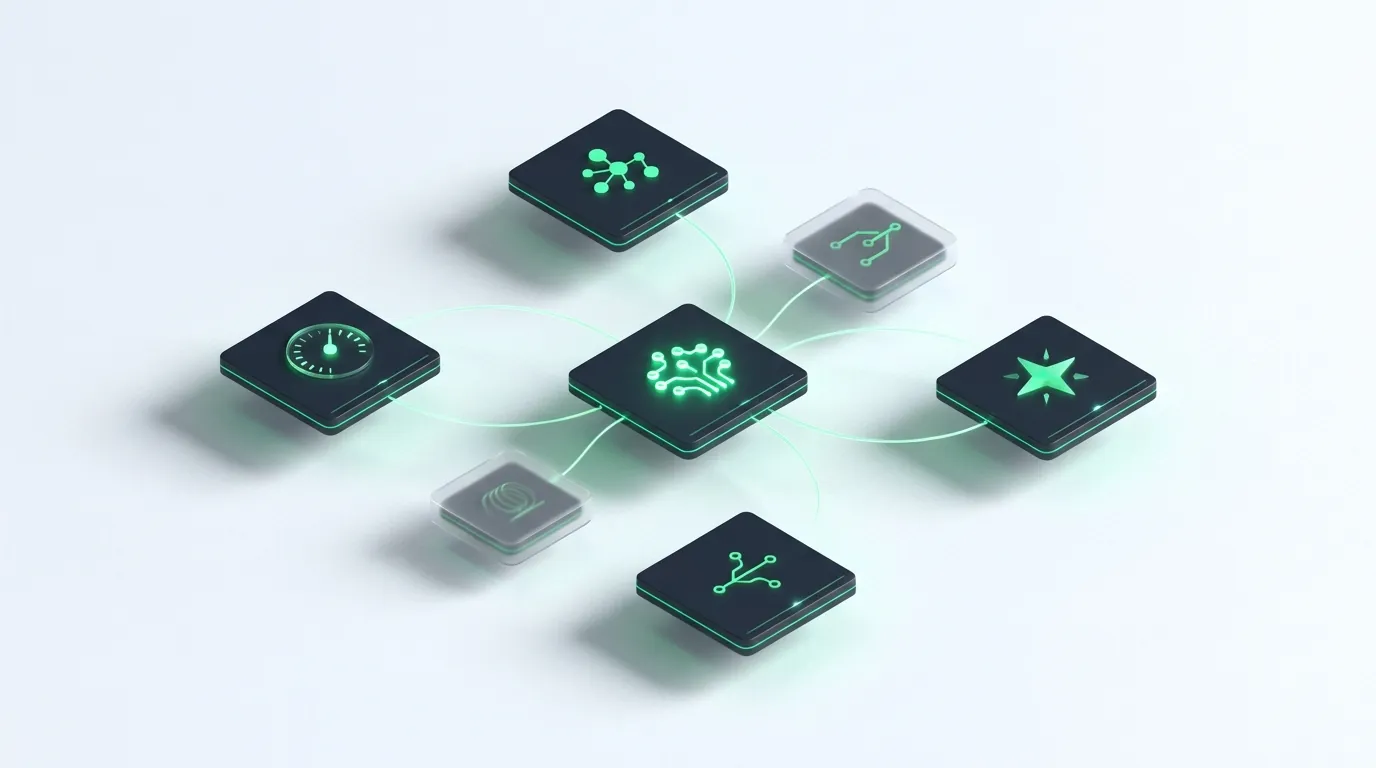 Six emerald-lit frosted-glass panels in a row, each filled to a different automation depth, evoking the six reporting tools ranked by how much work they remove.
