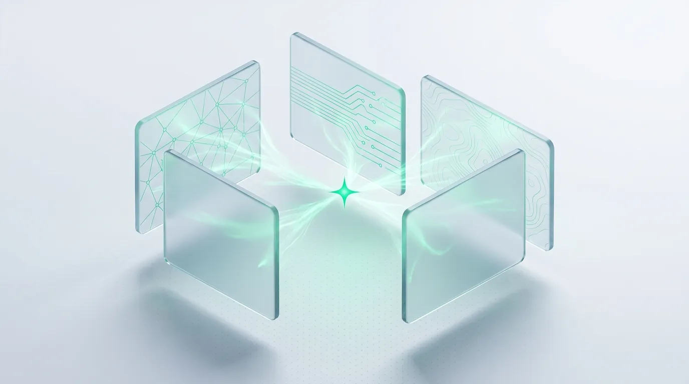 Frosted-glass contract surface with four emerald question-marks lit before a signature line, evoking the four questions to get answered in writing before signing.