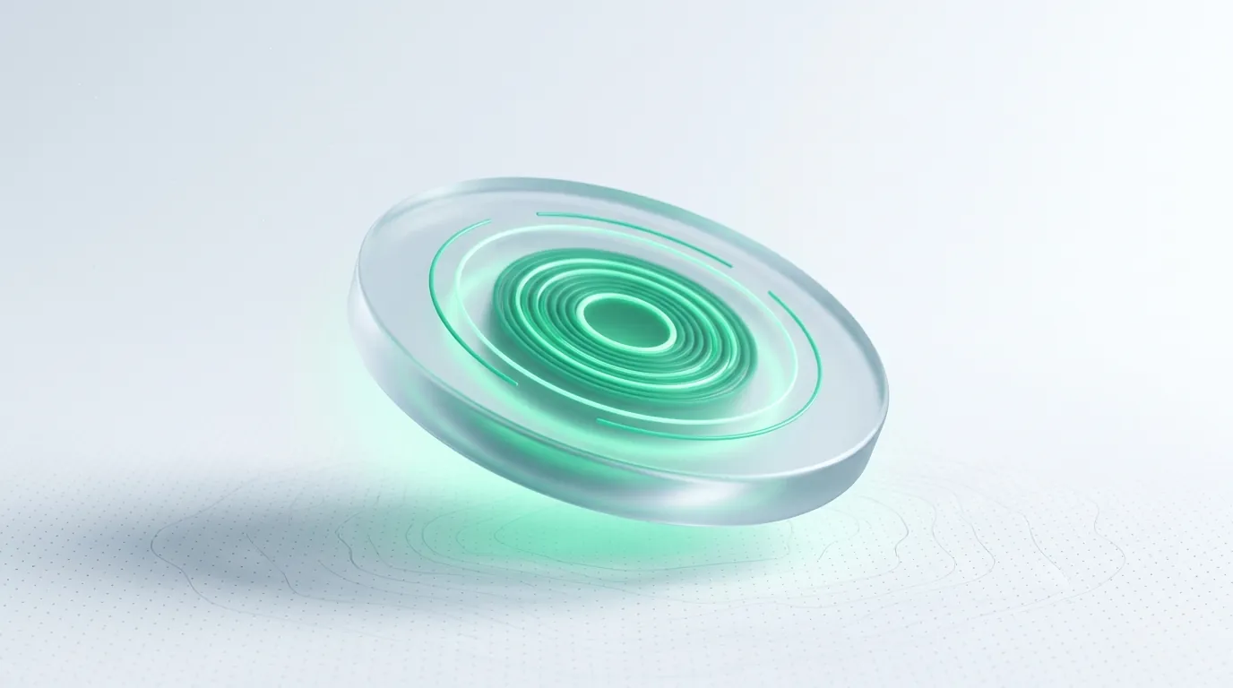 Frosted-glass branching path where an emerald flow selects one of five lit channels at a fork, evoking a decision tree resolving to the right tool tier.