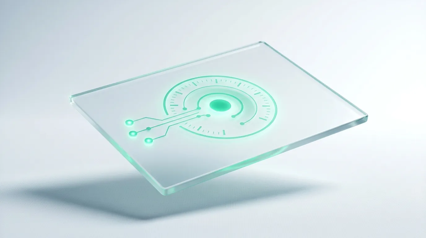 Translucent frosted-glass panels with emerald light-streams converging into a single bright node, evoking many marketing channels reconciled into one view.