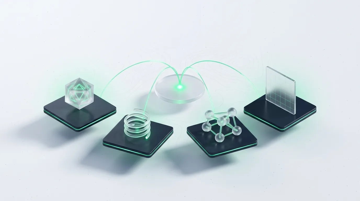 Four emerald-edged frosted-glass tiles feeding light-streams into one normalizing lens, evoking four categories of cross-channel reporting tool.