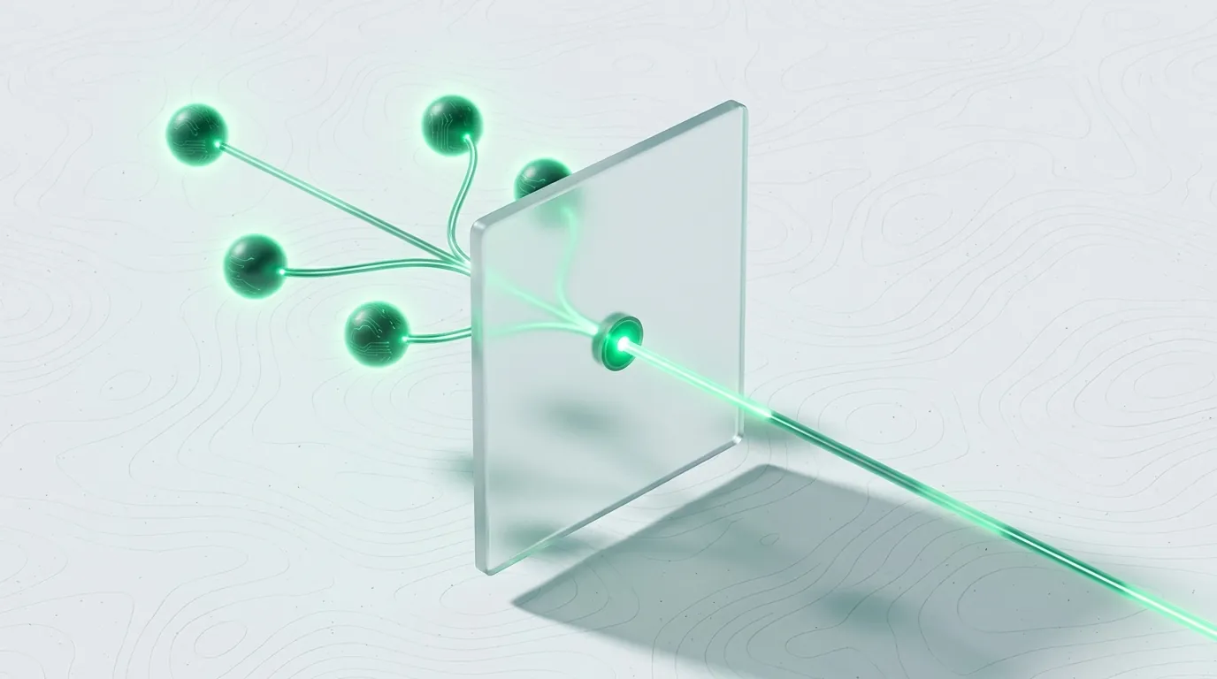 Three etched frosted-glass panels with emerald light-streams resolving into one bright spark, evoking decision criteria narrowing to a clear pick.