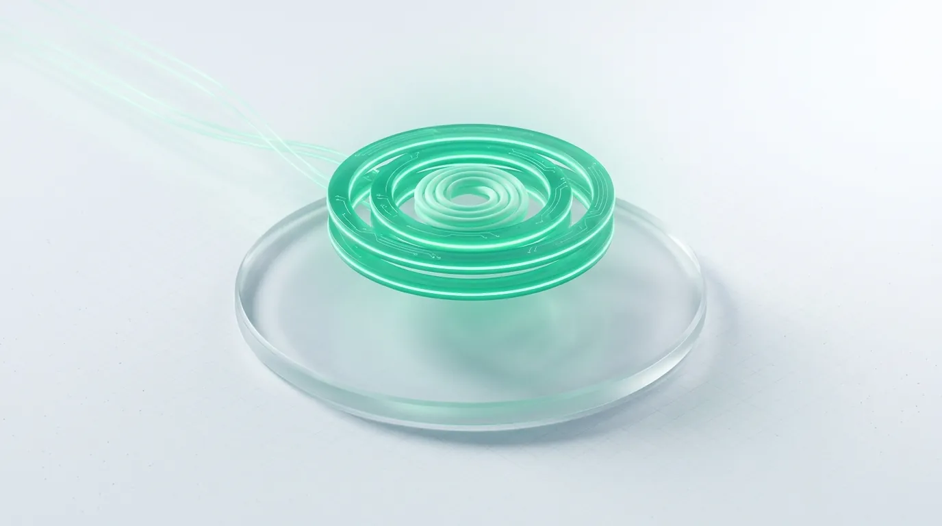 Frosted-glass coil steadily refracting an emerald light-stream into a calm, single reading, evoking a reconciled revenue number nobody argues with.