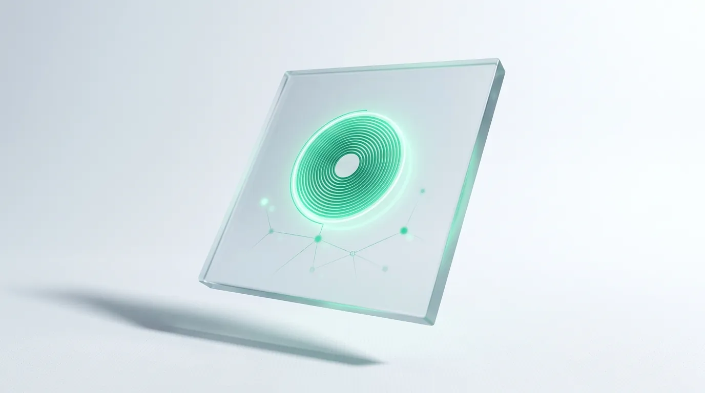 Frosted glass slab with one glowing emerald dial and faint node graph, evoking one reconciled set of ecommerce numbers.