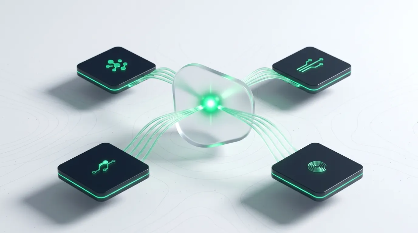 Dark emerald-edged tiles with light-lines converging into one glowing node, evoking channel numbers reconciled to a single truth.