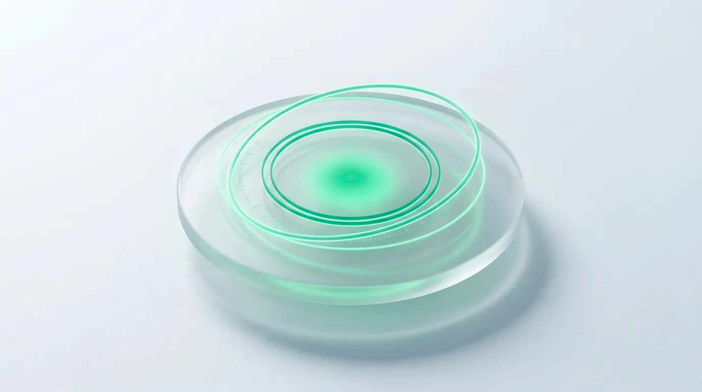 Concentric emerald dial-coils and orbital rings over a frosted glass lens disc, evoking a steady recurring reconciliation cadence.