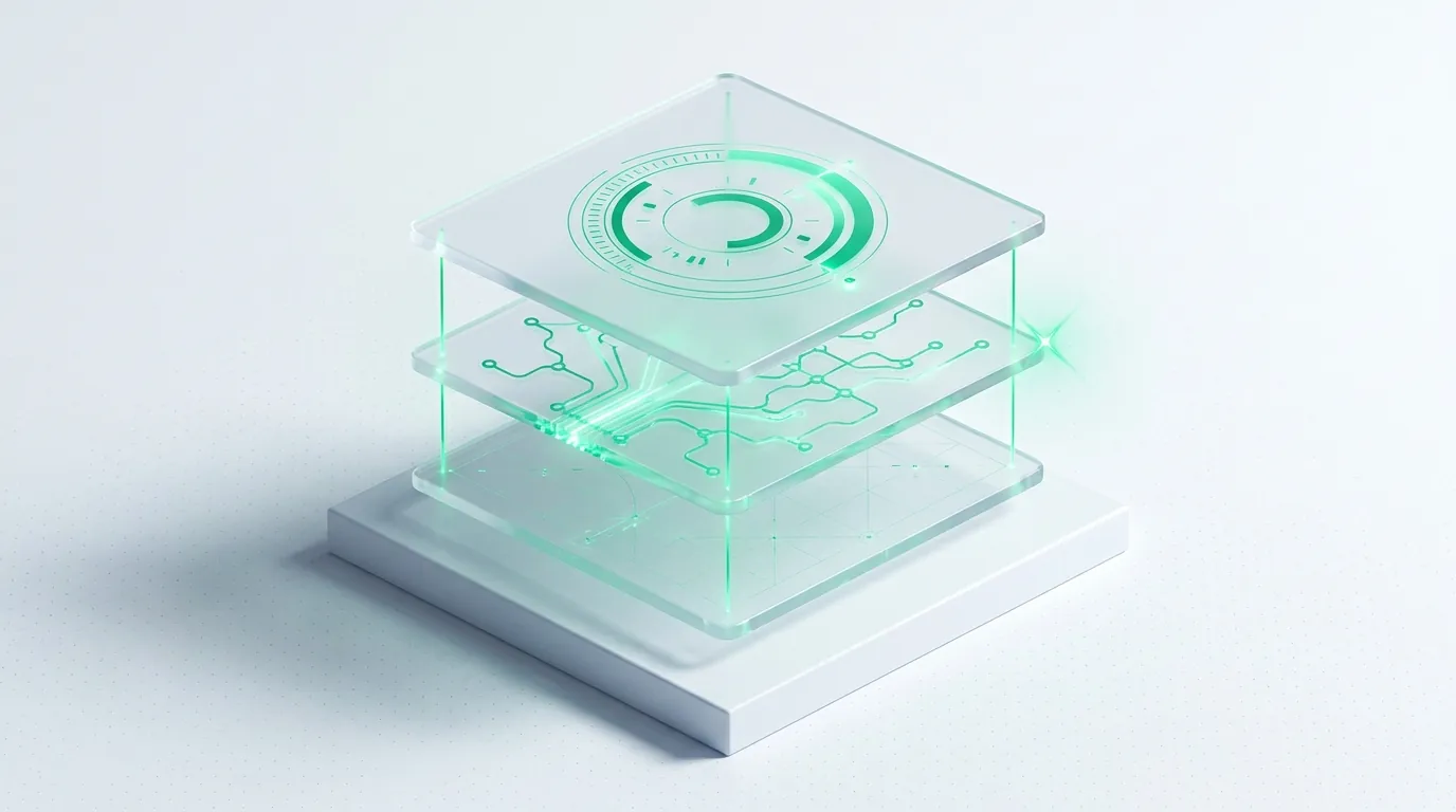 Exploded stack of three frosted glass layers linked by emerald guide-lines, evoking the three jobs of an ecommerce reporting stack.