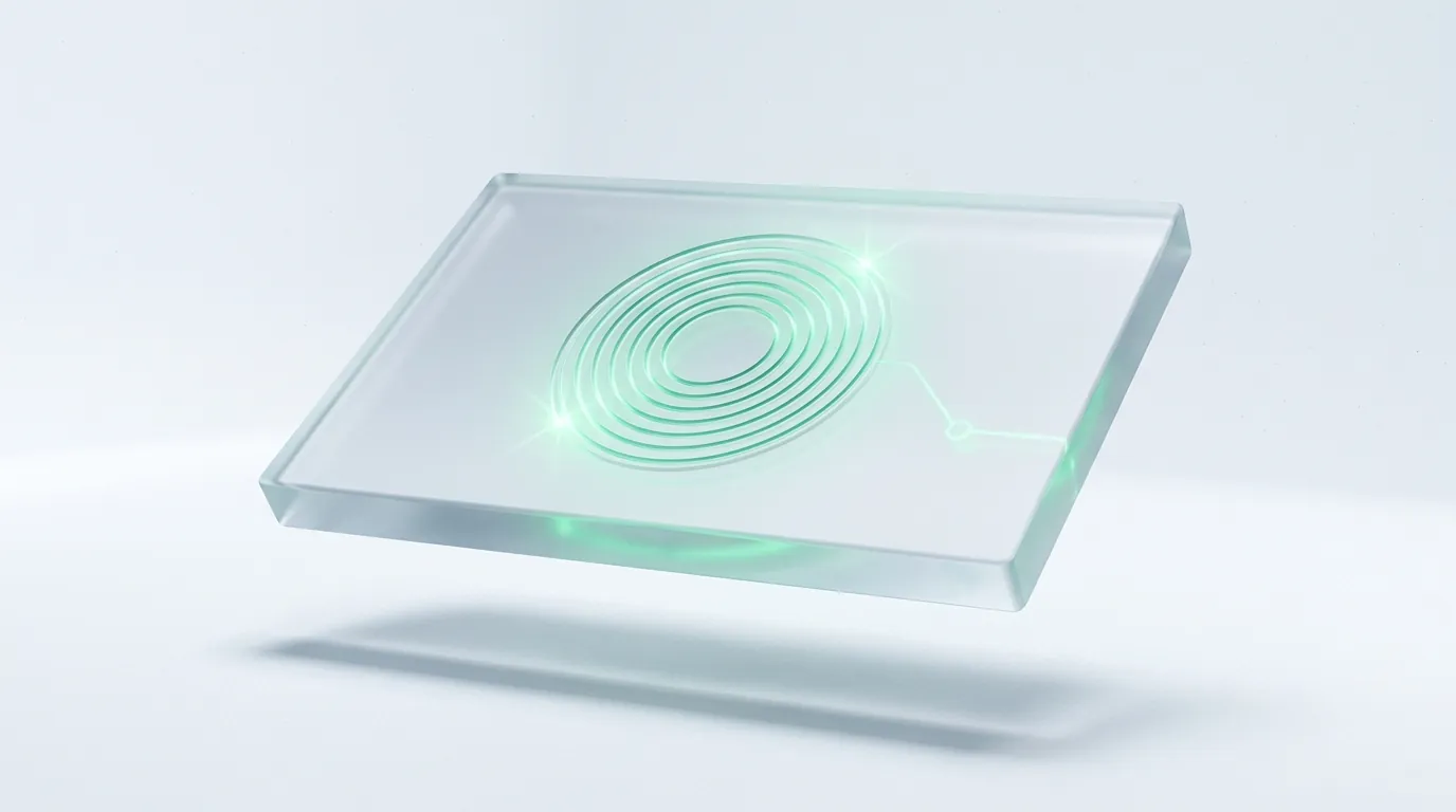 A single frosted glass slab with a glowing emerald measurement dial, evoking honest cohort LTV instrumentation for DTC.