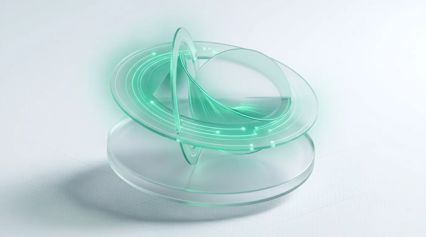 Emerald orbital rings and a flattening spiral over a frosted glass disc, abstracting a cohort revenue decay curve.