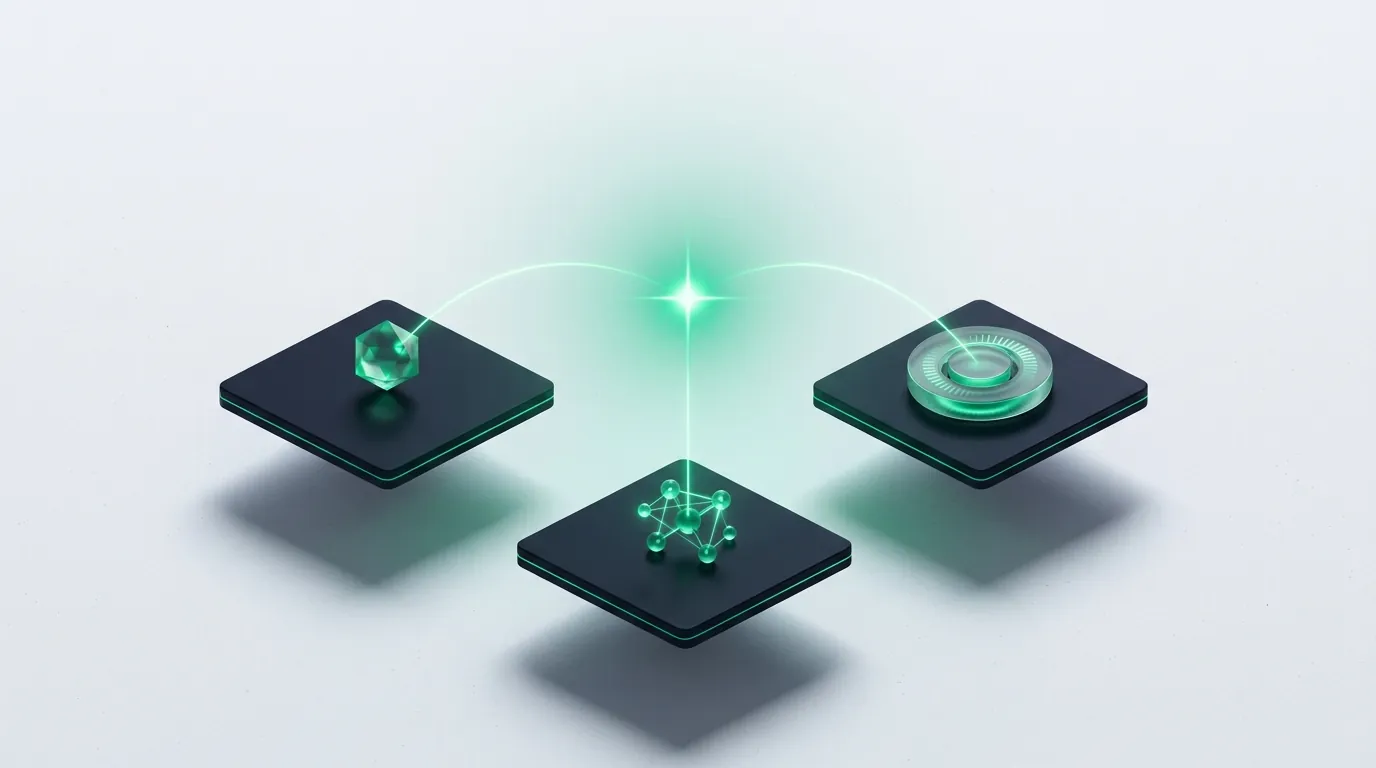 Three emerald-edged dark tiles linked by converging light-lines, abstracting separate cohorts compared instead of blended.