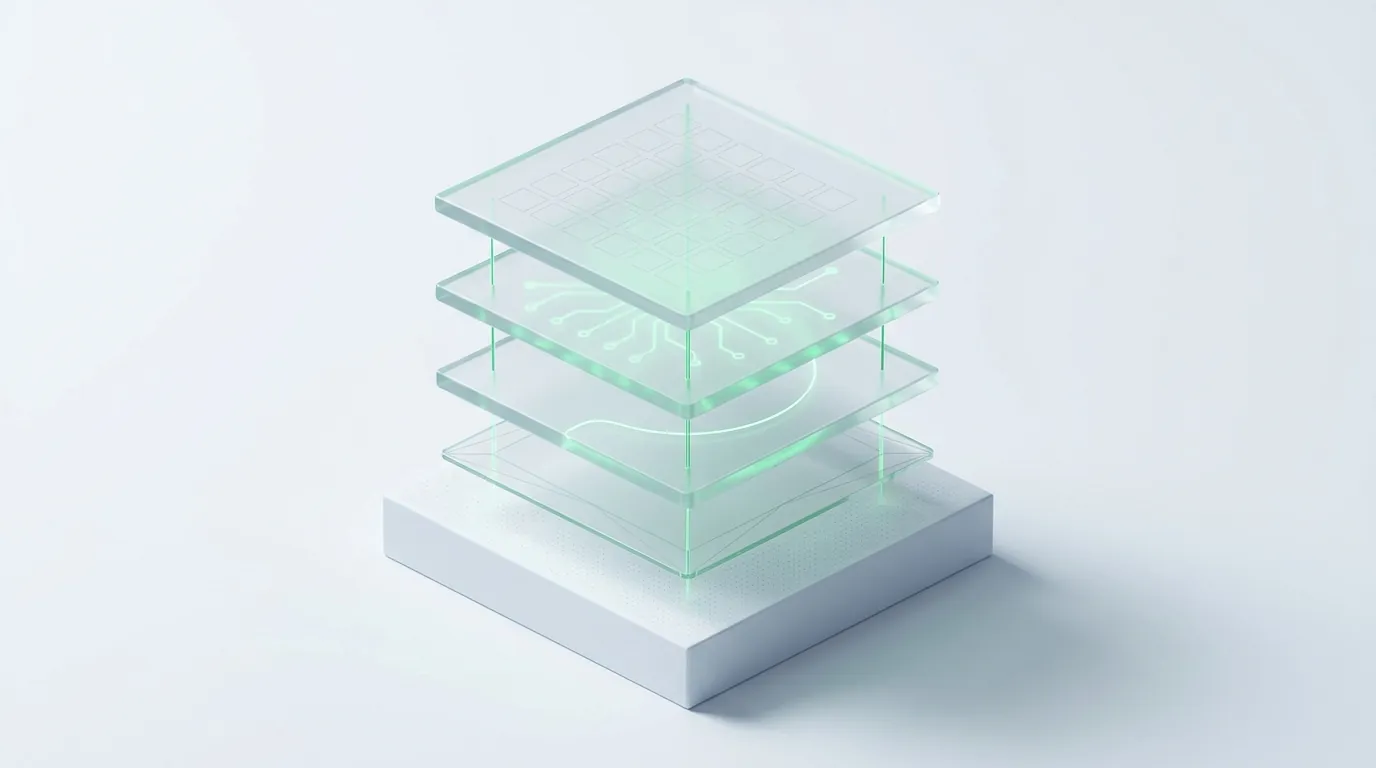 Four floating frosted glass layers linked by emerald guide-lines, abstracting a four-panel cohort LTV dashboard stack.