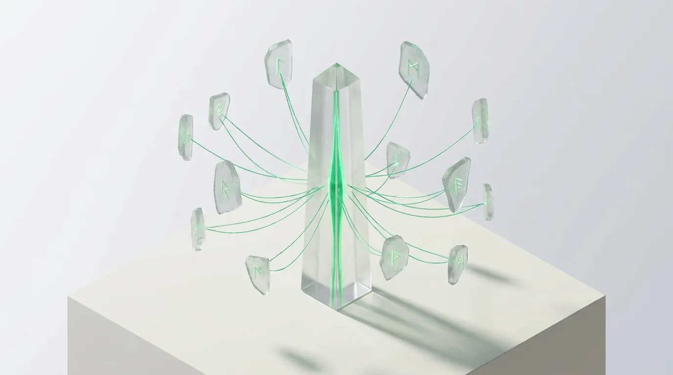 Twelve scattered frosted glass panes feeding emerald light-threads into one central glass monolith, evoking many tool opinions reconciled into one source of truth.