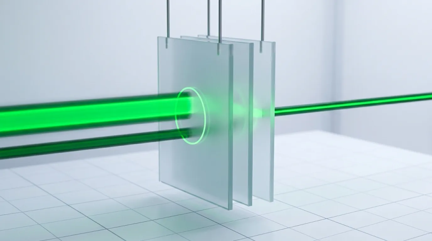 Two unequal emerald light ribbons passing through stacked frosted glass layers and exiting as one even beam, evoking claimed versus actual numbers reconciled.
