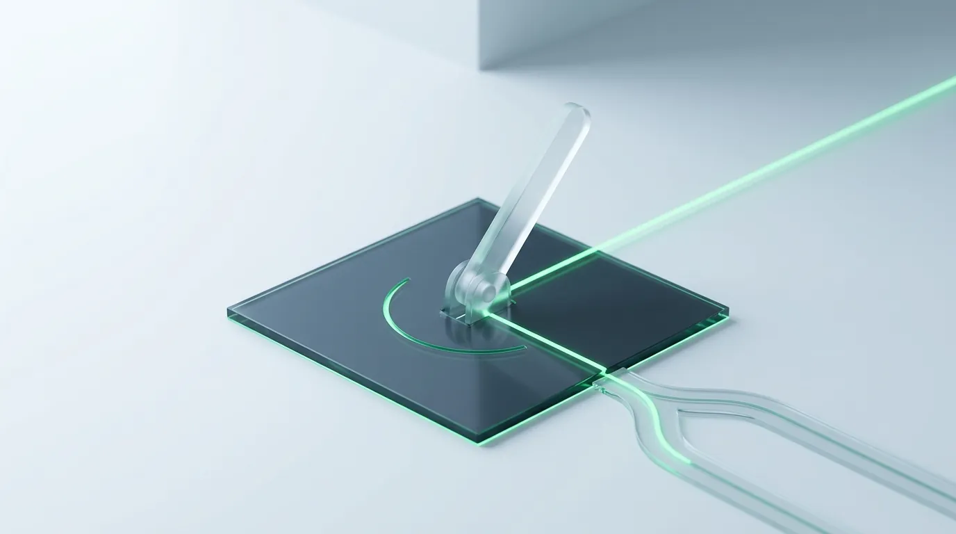 A frosted glass lever on a dark emerald-edged tile tipping past a threshold line and lighting one of two paths, evoking a data-driven decision being triggered.