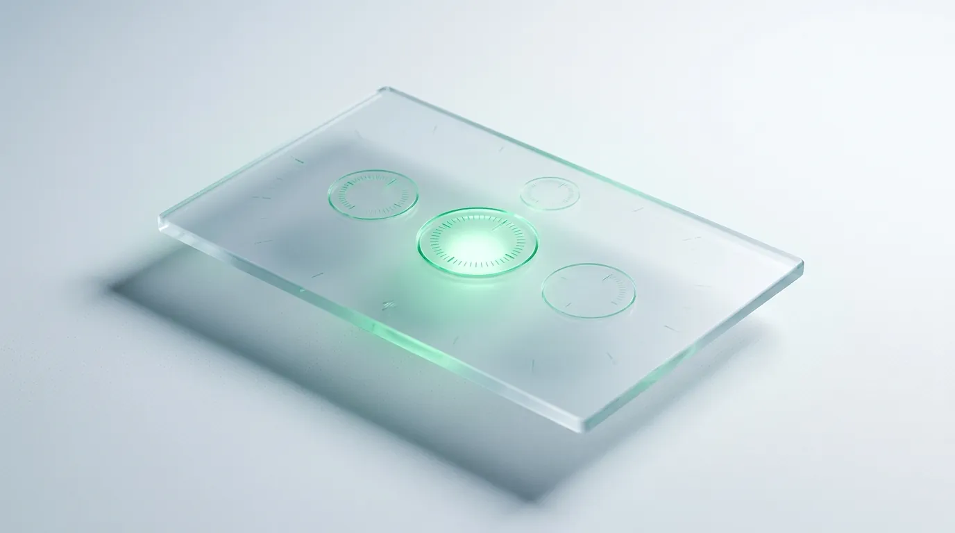 A frosted glass panel with four glowing emerald gauges and faded marks at the edges, evoking a focused marketing KPI dashboard.