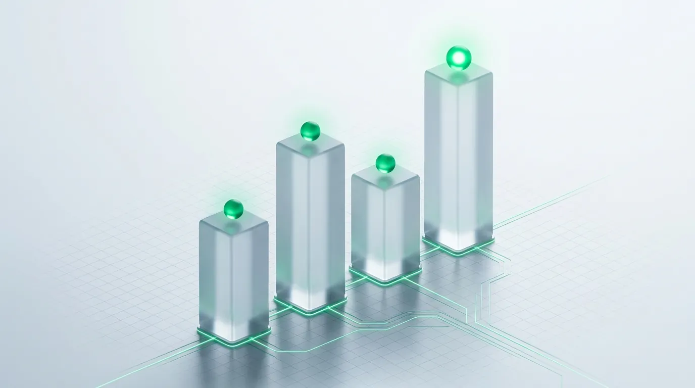 Four frosted glass pillars of different heights topped with emerald orbs and linked at the base, evoking the four KPIs that predict DTC revenue.