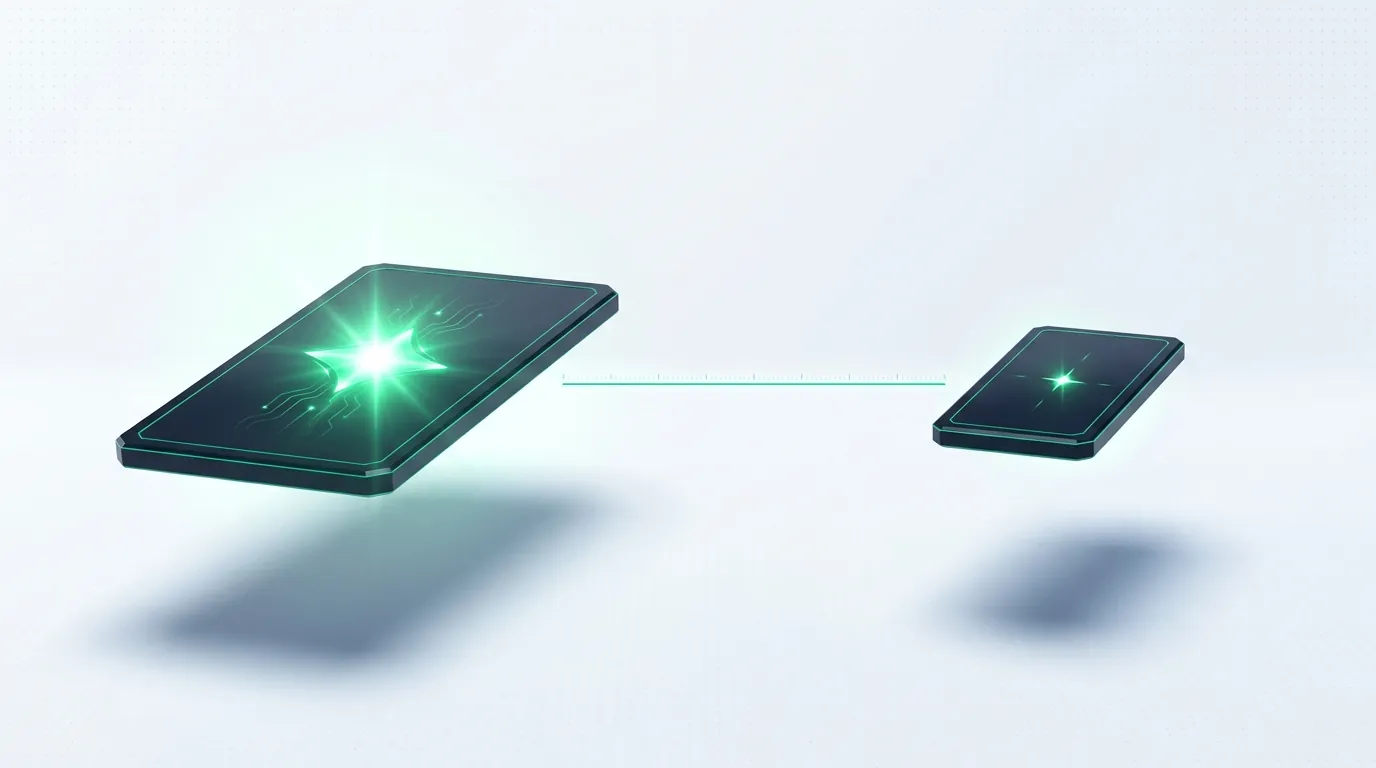 Two dark emerald-edged tiles of unequal glow joined by a measuring line, evoking the gap between attributed ROAS and incremental return.