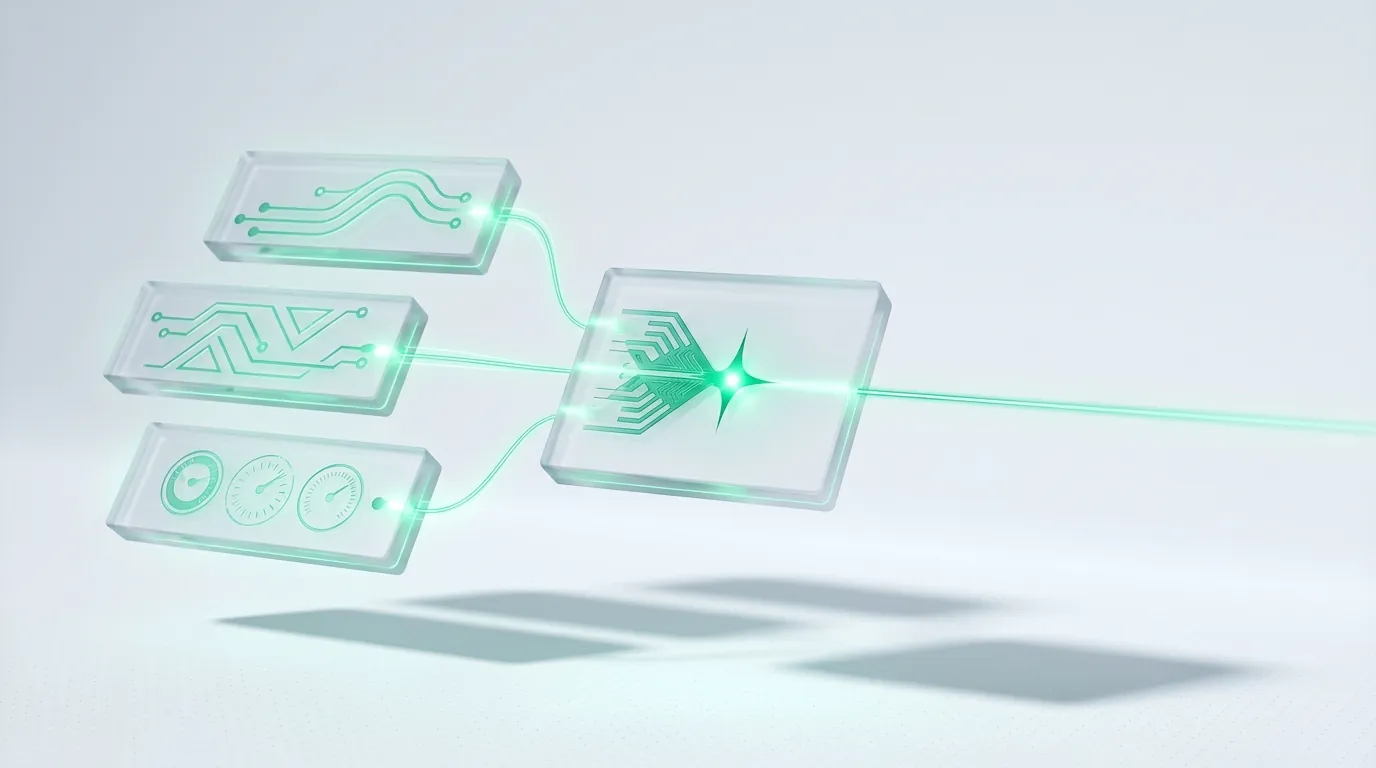 Three frosted glass channel slabs streaming emerald light into one central node, evoking paid channels reconciled into a single reporting view.