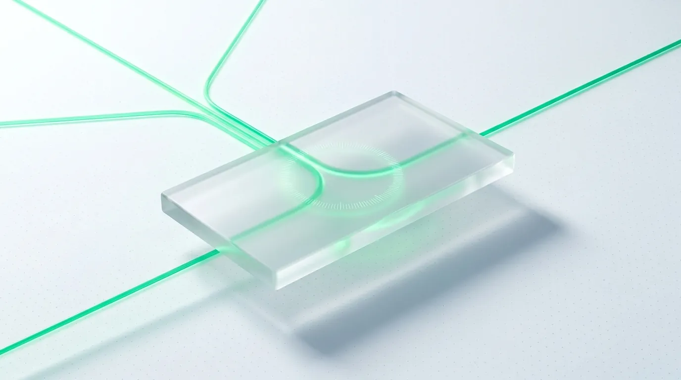 Three emerald data-streams merging into one glass slab, evoking many marketing reports resolving into a single source of truth.
