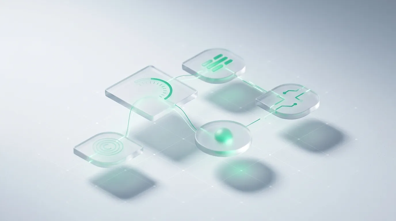 Five scattered glass tiles with emerald motifs that never quite connect, evoking five reporting tools that won't reconcile.