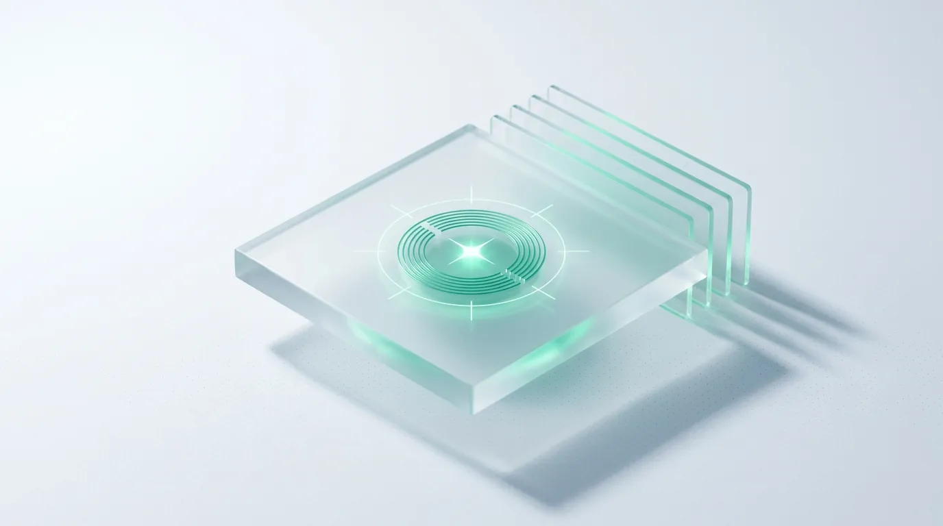 One central glass dial with identical template leaves fanning behind it, evoking one repeatable agency reporting structure across many clients.
