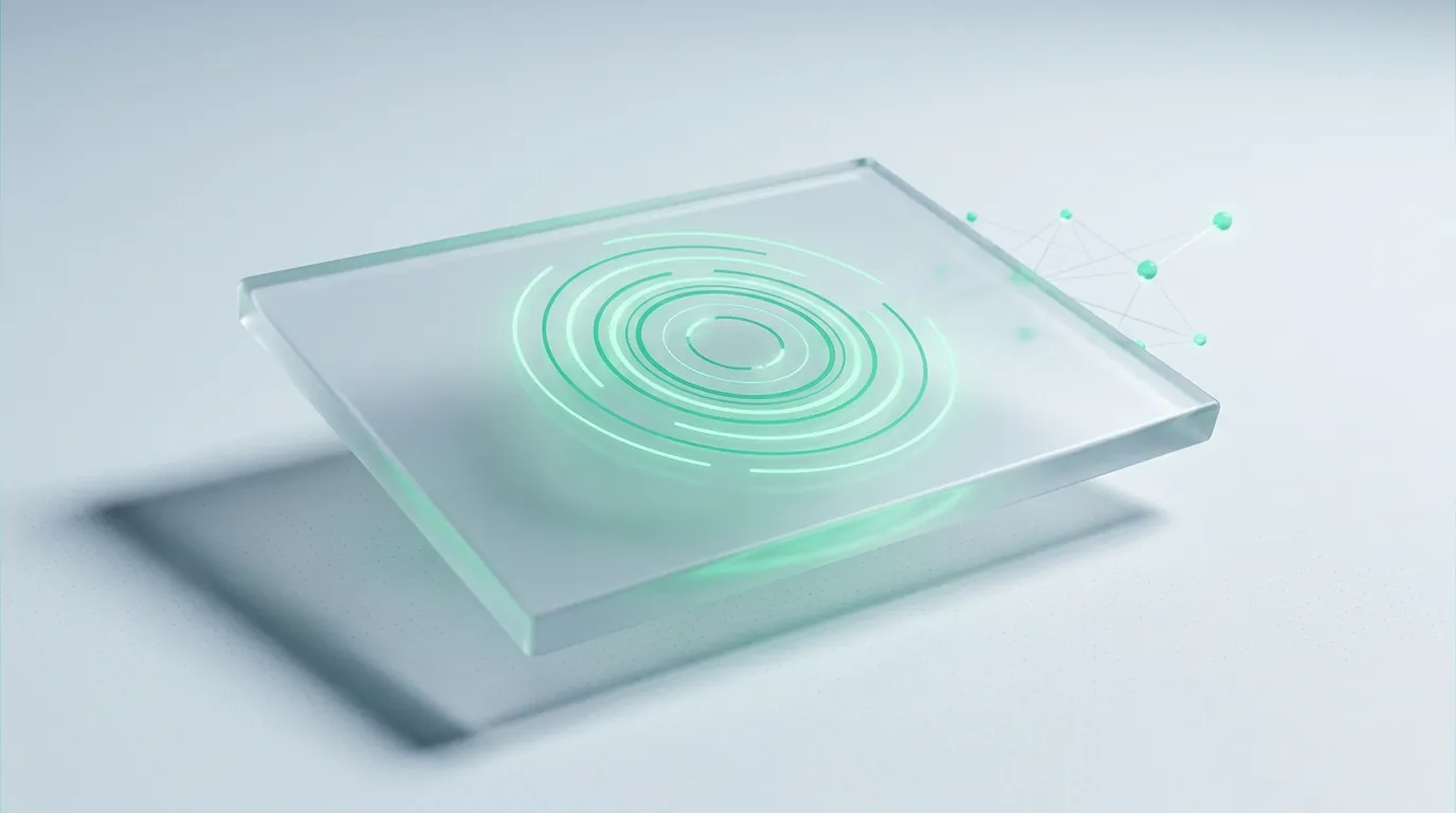 A frosted-glass slab etched with a single glowing emerald dial, symbolizing one honest reporting metric over vanity decks
