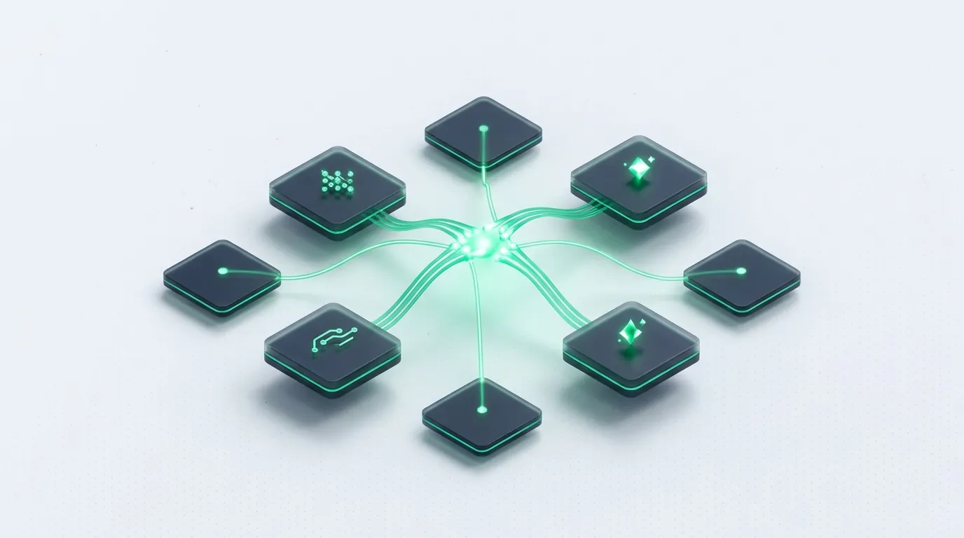 Dark glass tiles linked by emerald light-streams overshooting one node, evoking platform numbers double-counting against one truth.