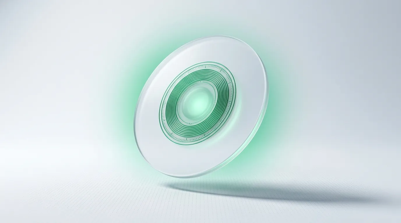 A glowing emerald dial-coil refracting through a frosted glass lens, symbolizing the precise diagnostic metrics honest reporting demands.