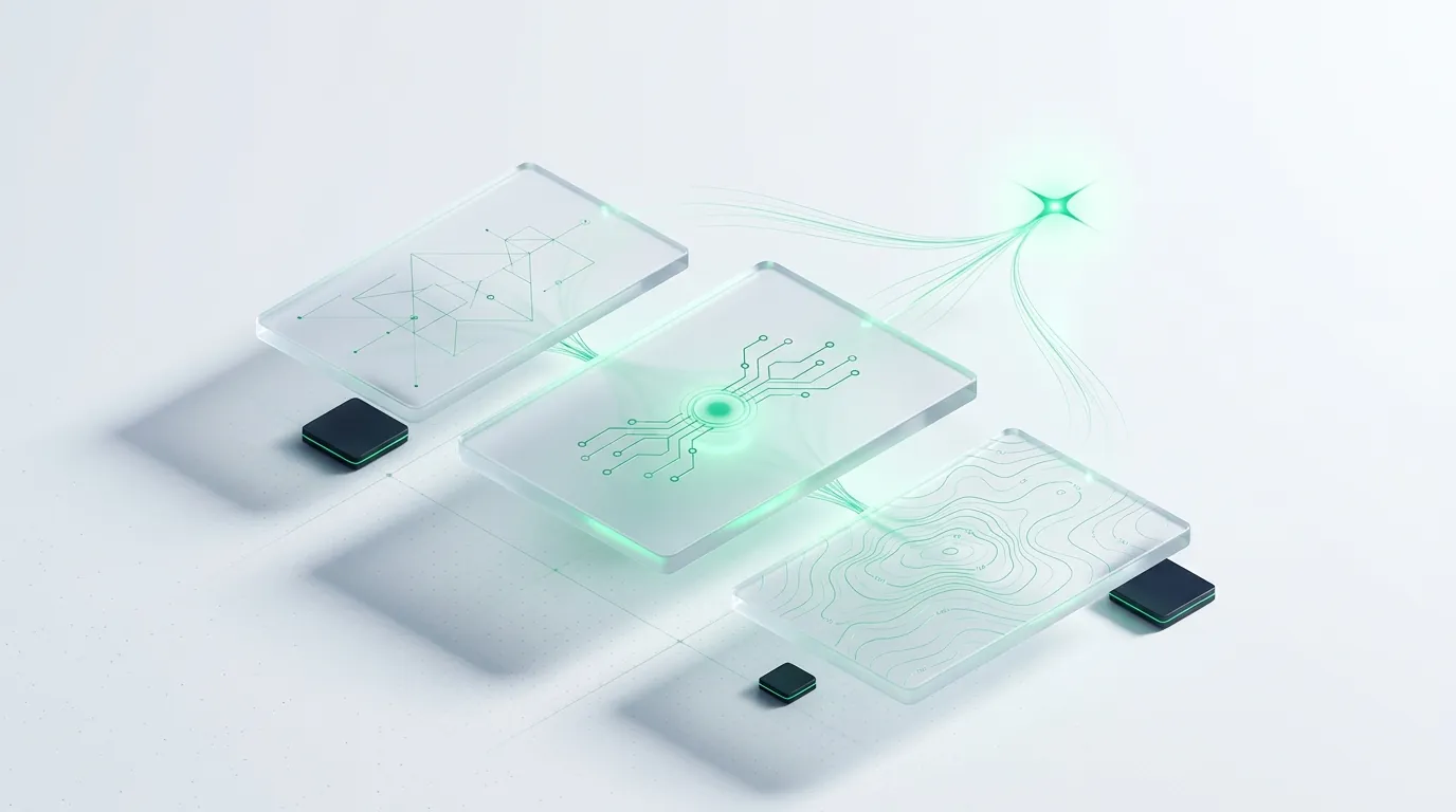 Three frosted-glass panels converging via emerald light into one bright spark, evoking honest reporting that shows less, not more.