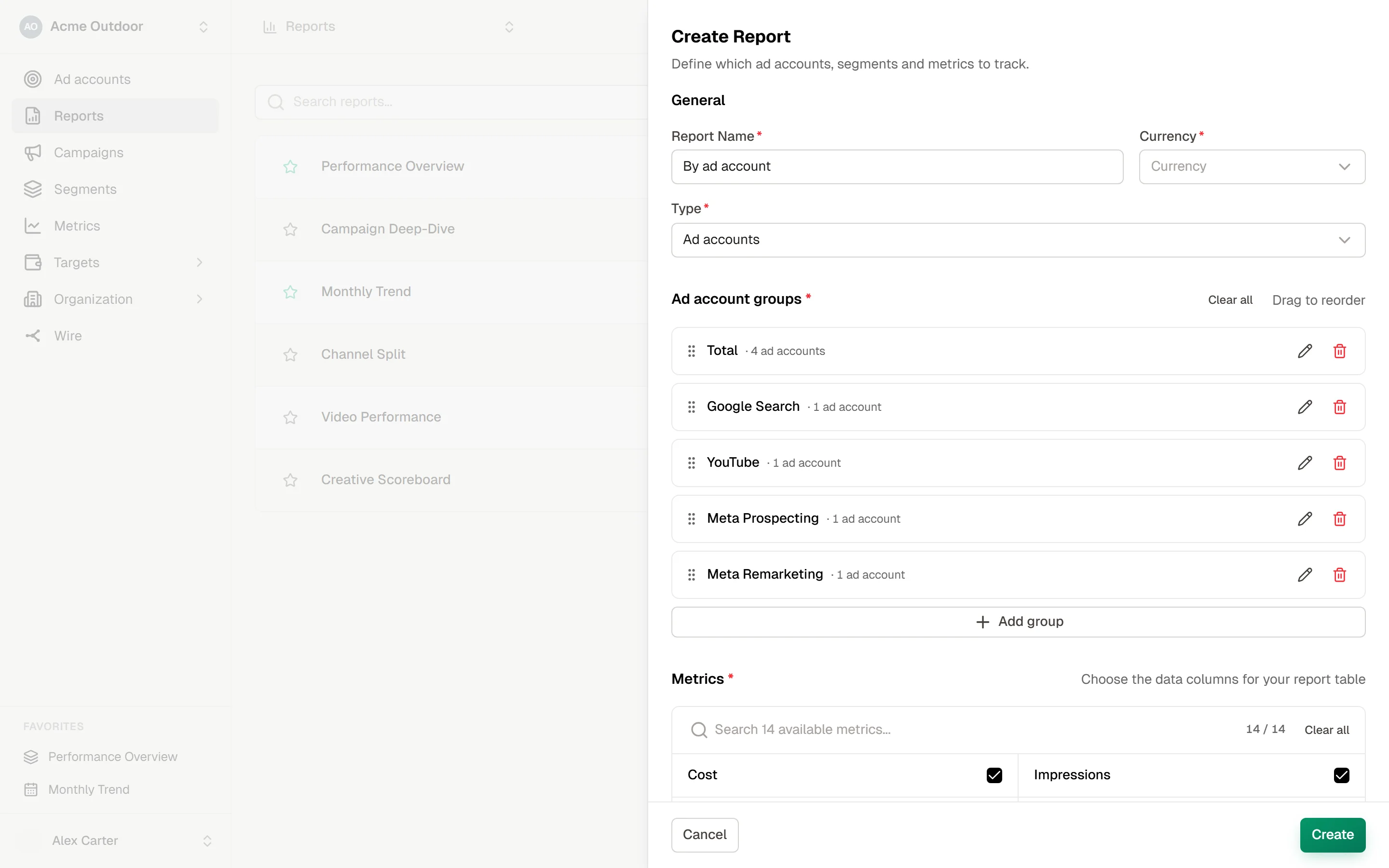Create Report drawer with five ad account groups — Total with 4 ad accounts, then Google Search, YouTube, Meta Prospecting and Meta Remarketing — and a Clear all button above them