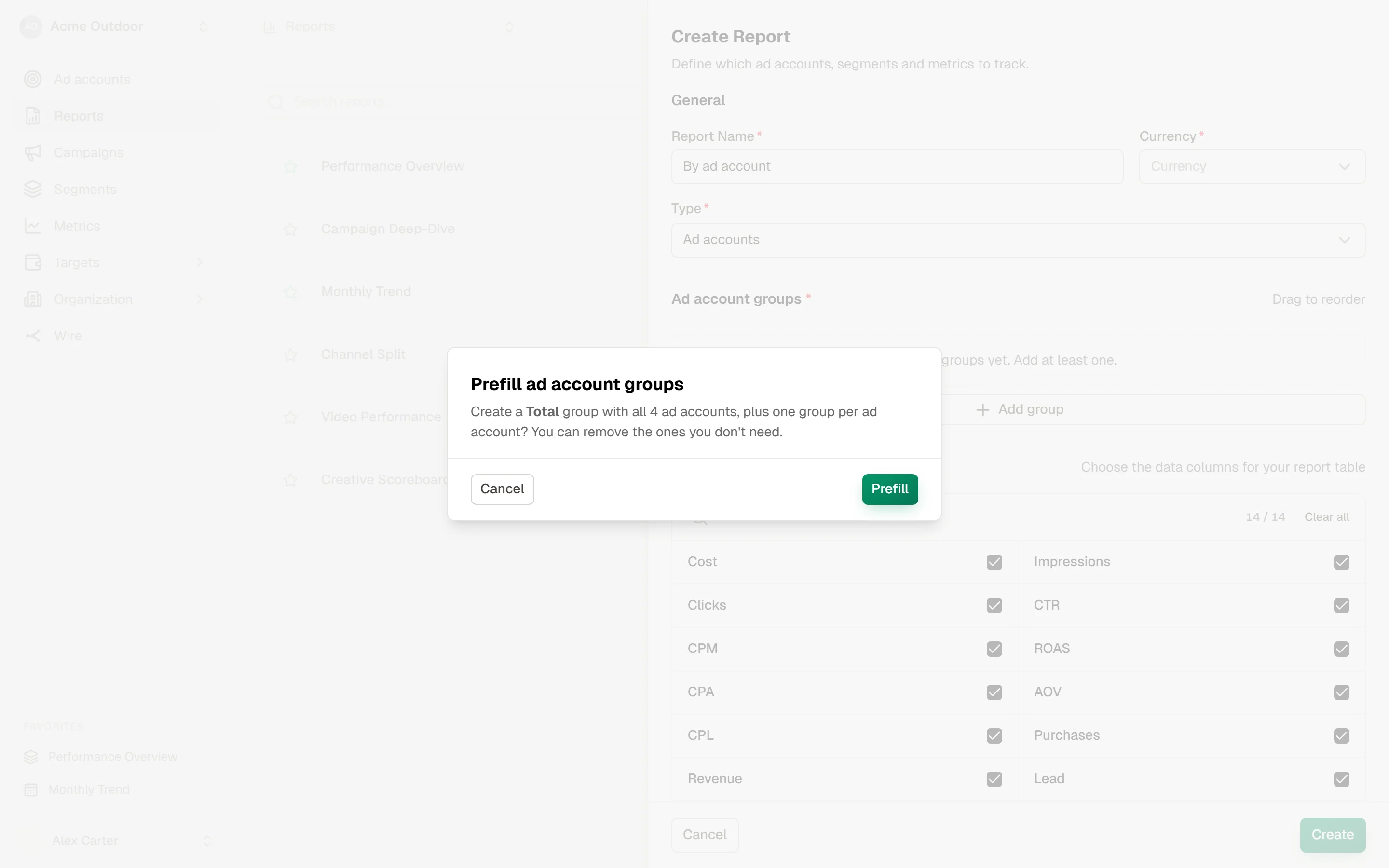 Prefill ad account groups dialog offering a Total group with all 4 ad accounts plus one group per ad account, with Cancel and Prefill buttons