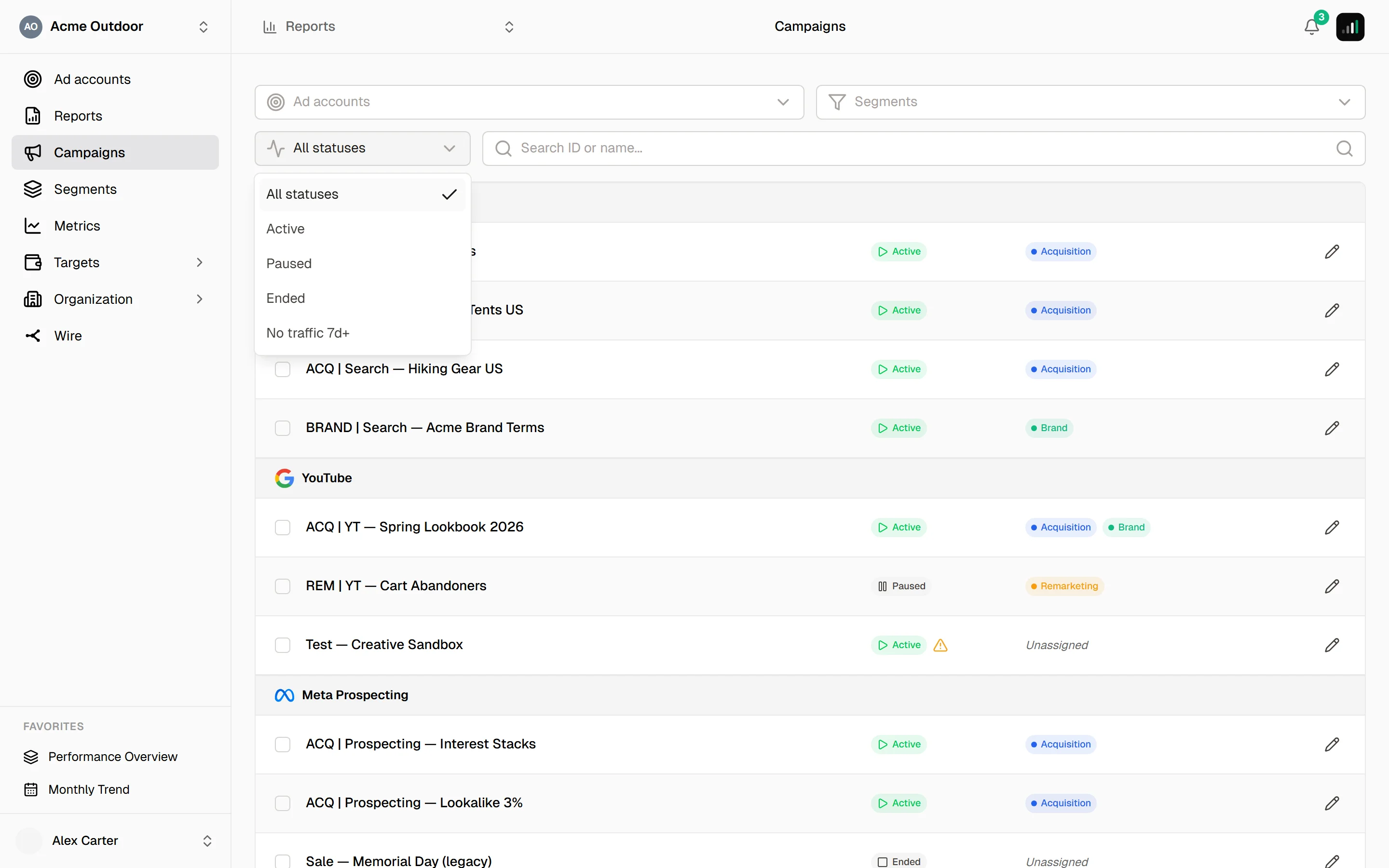 Campaigns page with the status picker open, listing All statuses, Active, Paused, Ended and No traffic 7d+