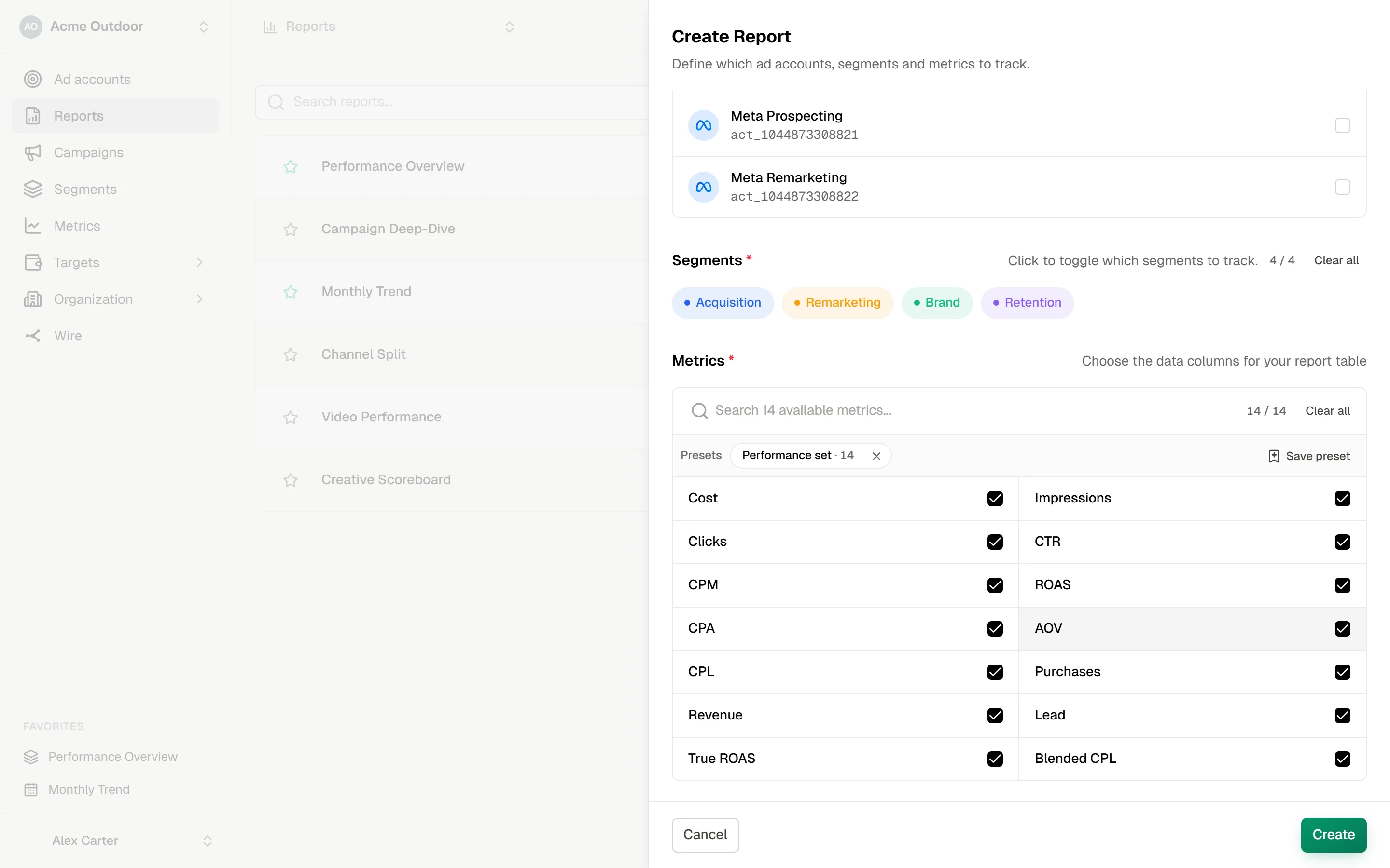 Create Report drawer with a Presets row above the metric list showing a saved preset named Performance set with 14 metrics