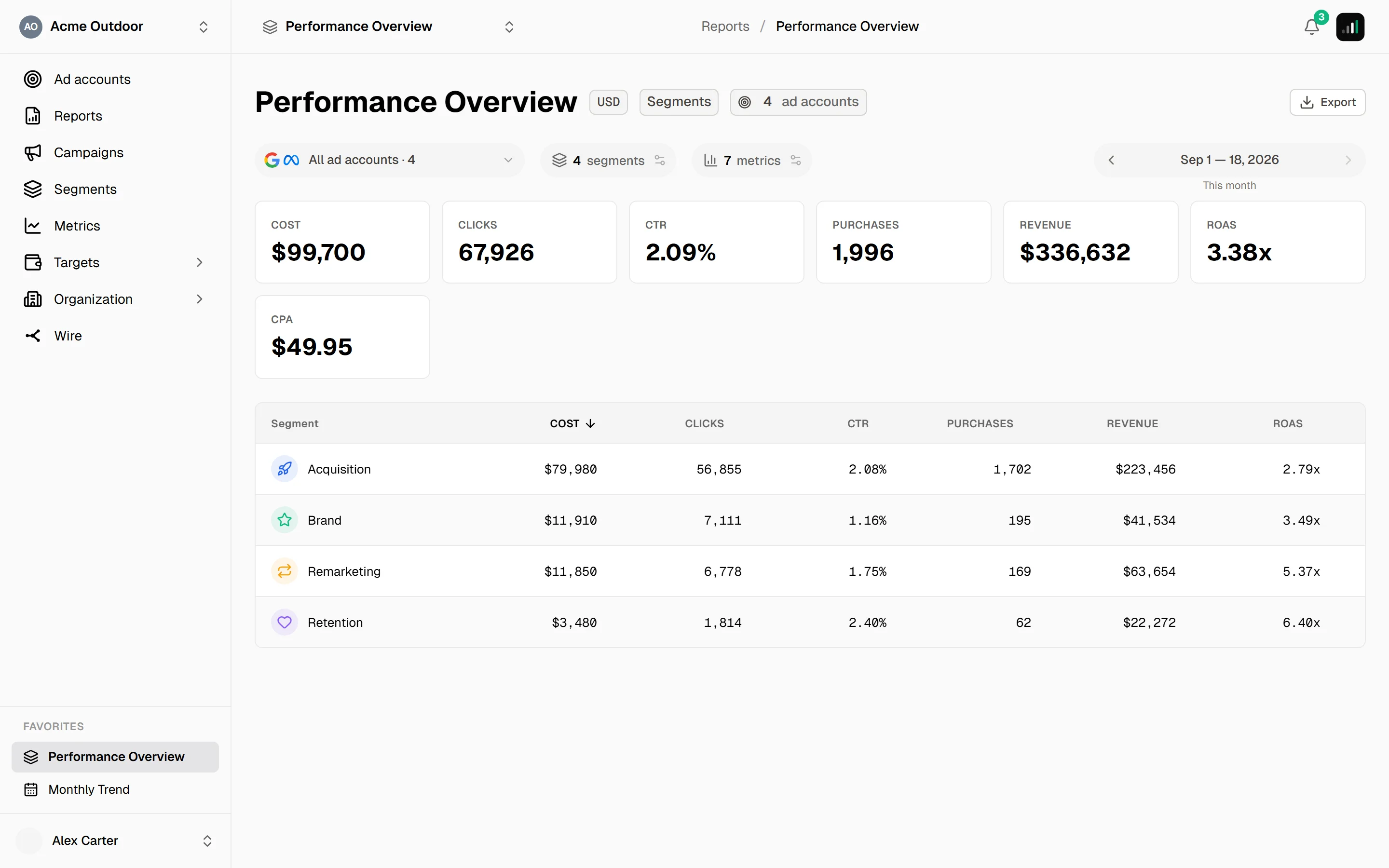 Segments report sorted by the Cost column, the arrow in the Cost header pointing down