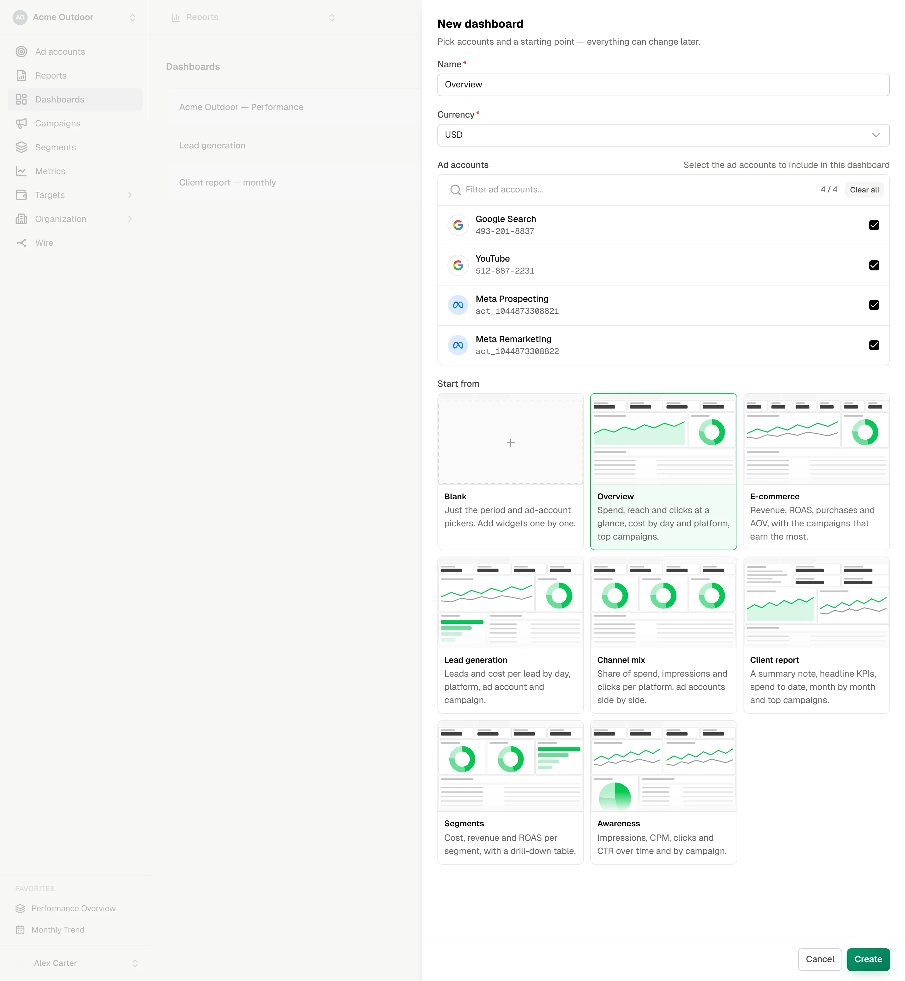 New dashboard drawer with name, currency, ad accounts and eight template cards, the Overview template selected